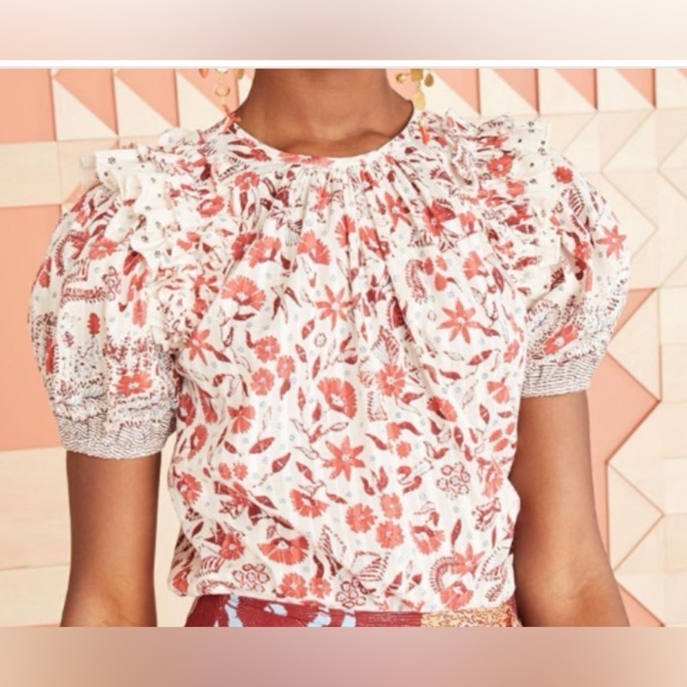 Ulla Johnson Arbor Short Sleeve Blouse Red & Cream Size 0